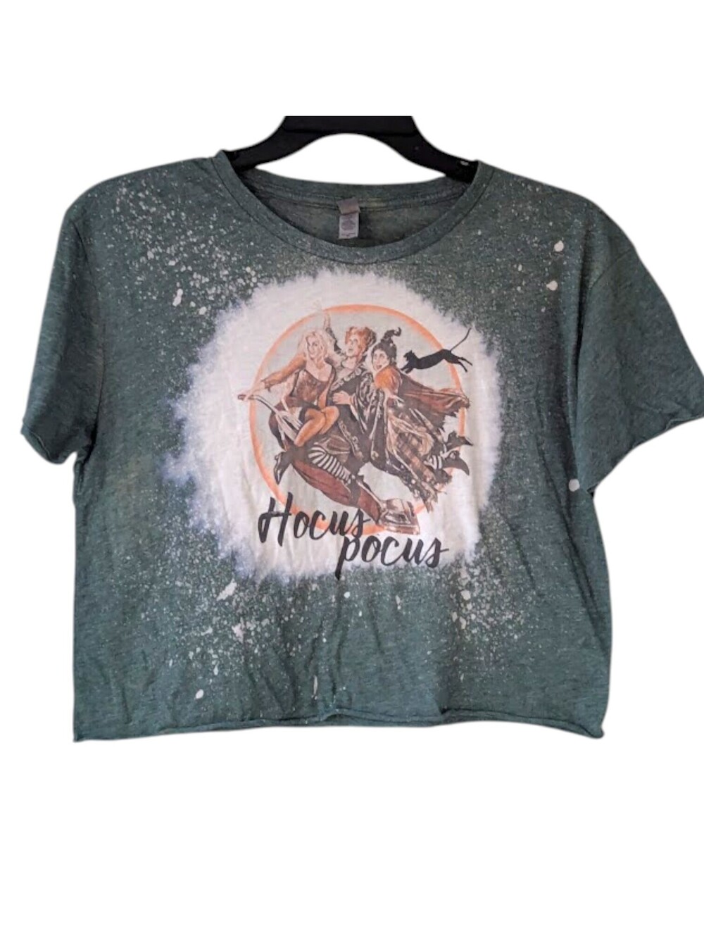 Hocus Pocus Sanderson Sister XL Green Bleach Splatter Cropped T Shirt 20.5x20